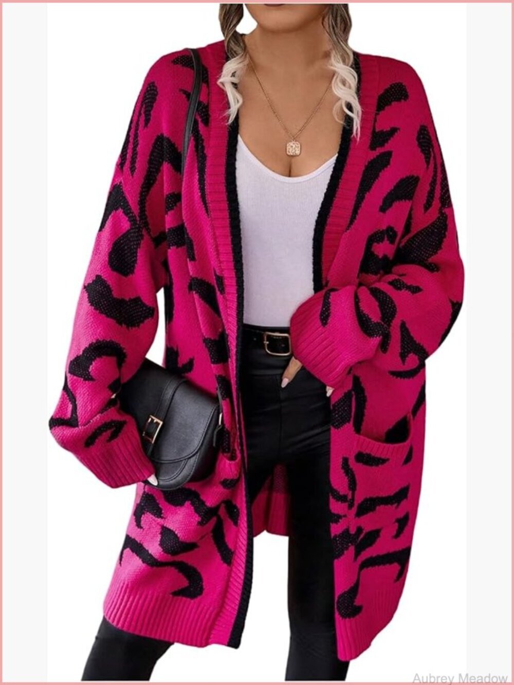 Plus Size Leopard Print Long Cardigan Open Front Knit Sweater